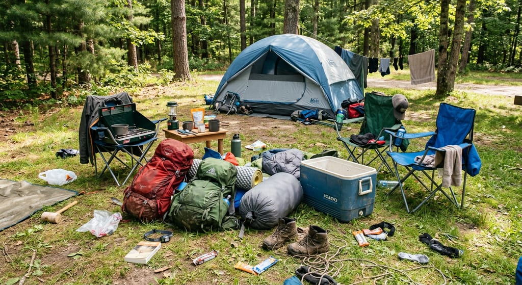 Before - campsite cluttered with gear