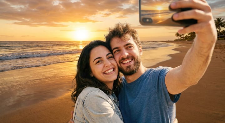 The same friends, now standing on a golden beach at sunset